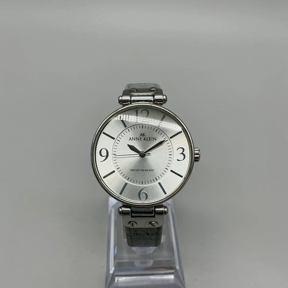 Anne Klein 1090G9 Womens Watch 34mm Silver Tone Dial Gray Leather New Battery